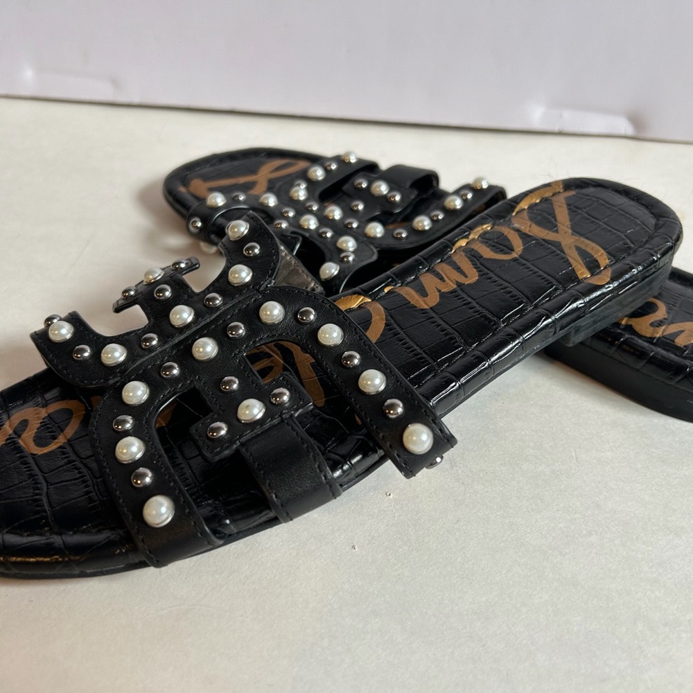 Pearl Embellished Black Slide Sandals Size 8